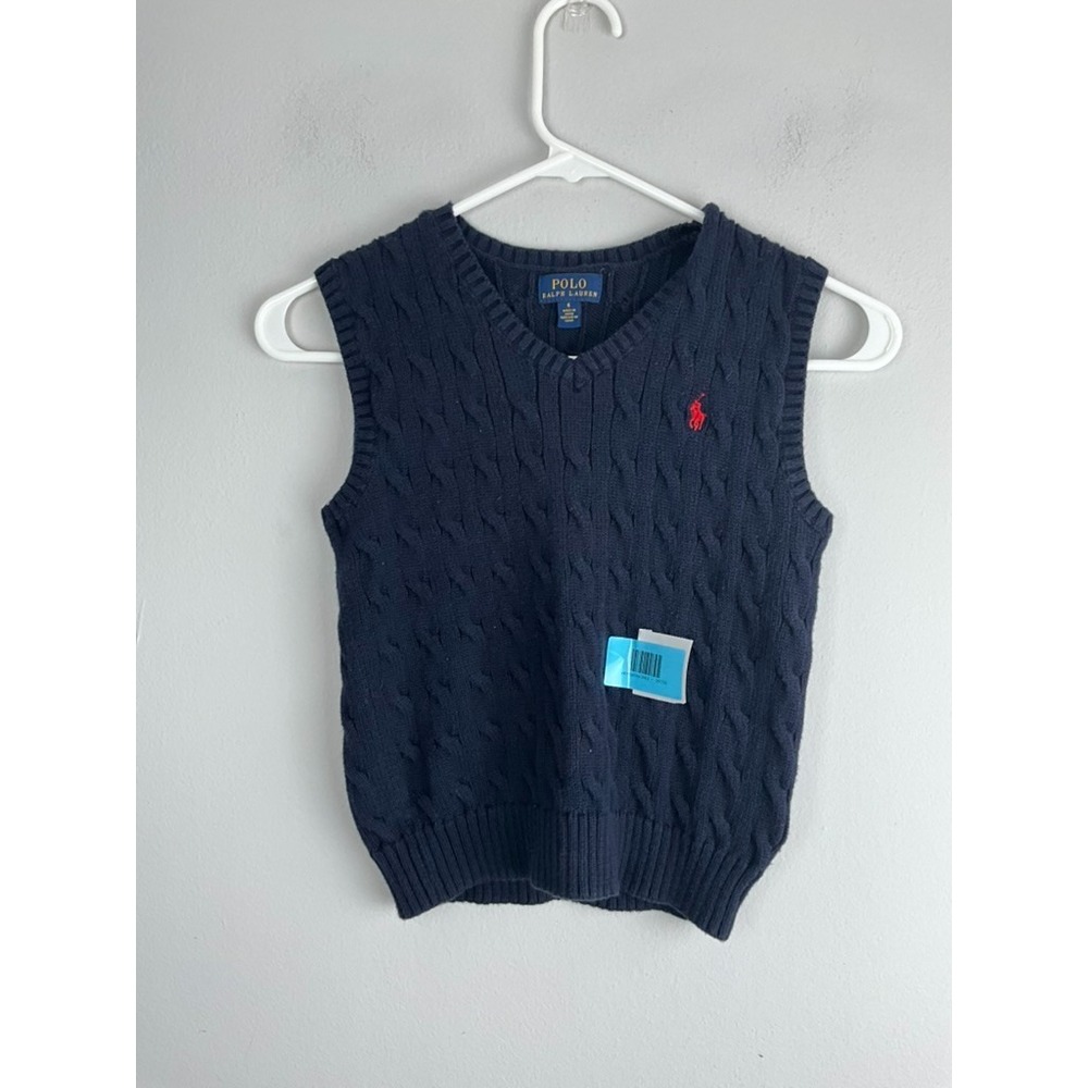 Polo Ralph Lauren‎ Boys Cable Knit Cotton Sweater Vest Size 5 Navy Preppy Ivy